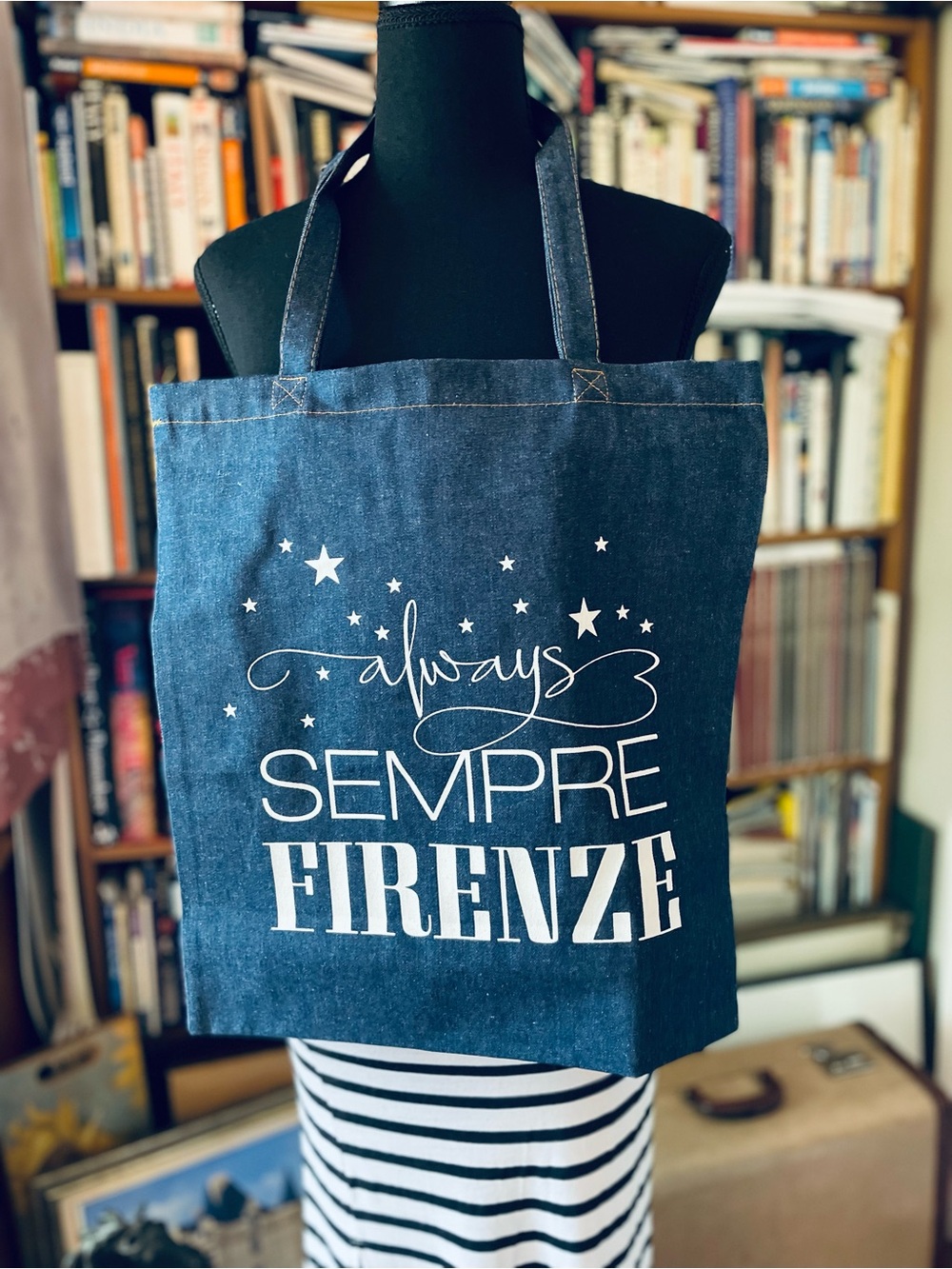 Sempre Firenze Denim Tote Bag in Dark Blue